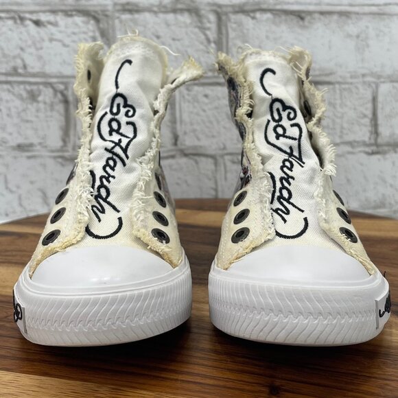 VTG Ed Hardy Canvas Laceless Skull Tiger Print Womens 5 High Top Slip On Shoes - Picture 8 of 13